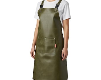 Handmade Green Leather Apron for Men and Women – Genuine Cowhide Work Apron with Pocket | BBQ Chef Workshop Gift for Him and Her