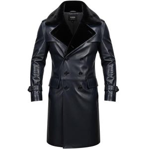 May include: A navy blue leather trench coat with a black faux fur collar. The double-breasted coat has two rows of buttons, two front pockets, and adjustable belt straps on the sleeves. The coat is approximately 50 inches long.