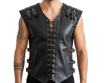 Mens Handmade Black Leather Biker Vest with Armor | Real Leather Cosplay | Customizable Motorcycle Style | Gift for Him