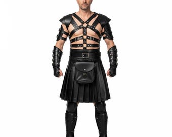Mens Real Black Leather Gladiator Kilt and Harness | Customizable Durable Gear | Gift for Him