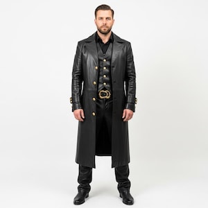 Mens Handmade Black Leather Long Vest | Sleeveless Gothic Coat for Cosplay & Costume | Custom Fit Leather Outerwear | Gift for Him