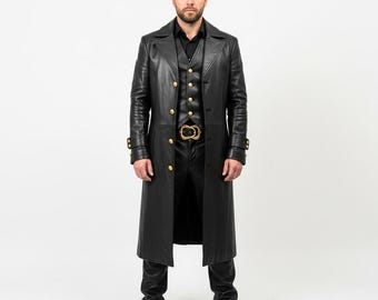 Handgemaakt zwart leren lang vest heren | Mouwloze gotische jas voor cosplay en kostuum | Op maat gemaakte leren bovenkleding | Cadeau voor hem
