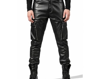 Genuine Black Leather Cargo Pants for Men | Premium Biker Leather Trousers | Custom Fit Leather Pants | Trendy Biker Pants | Gift for him
