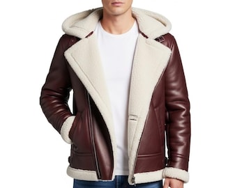 Mens Brown Leather Jacket | Shearling Collar Winter Jacket| Vintage Aviator Pilot Style Coat | Warm Sheepskin Lined Outerwear | Gift for him