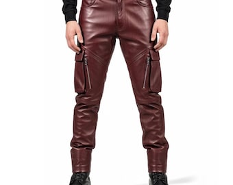 Premium Brown Leather Cargo Pants for Men | Stylish Functional Design | Custom Sizes Available | Gift for him