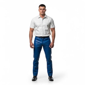 Men&#39;s Genuine Leather Shirt & Pant Set | White Shirt and Blue Pants | Premium Quality Police-Style Outfit | Gift for Him