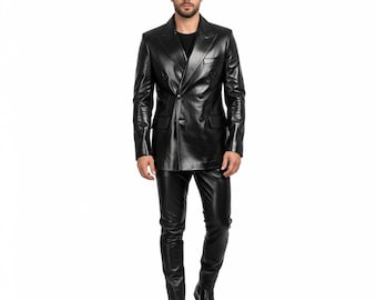 Mens Real Lambskin Black Leather Blazer Jacket & Pants Set | Classic Fitted Leather Outfit | Perfect Gift for Him