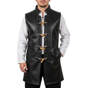Mens Handmade Black Leather Long Vest | Sleeveless Gothic Coat for Cosplay and Costume | Custom Fit Leather Outerwear | Gift for Him