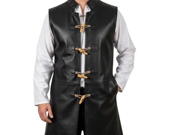Handgemaakt zwart leren lang vest heren | Mouwloze gothic jas voor cosplay en kostuum | Op maat gemaakte leren bovenkleding | Cadeau voor hem