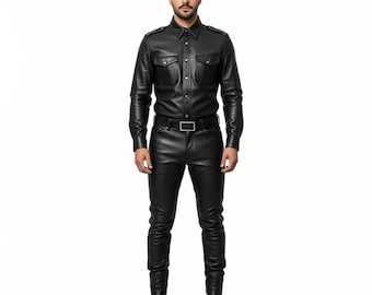 Premium Unisex Black Leather Outfit Set | Tailored Fit Genuine Leather Shirt and Pants | Military Style Apparel | Gift for Him