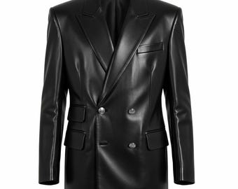 Black Leather Blazer | Handmade Mens Black Long Leather Double Breasted Blazer Coat | Gift For Husband | Gift for Him