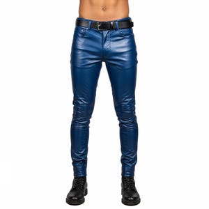 Mens Genuine Sheep Leather Pants - Blue Leather Pants for Man - Leather Jeans - Handmade Leather Pants | Gift for Him