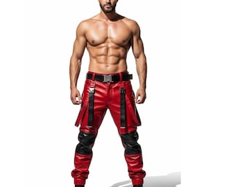 Premium Red Leather Cargo Pants for Men | Stylish Functional Design | Custom Sizes Available | Gift for him