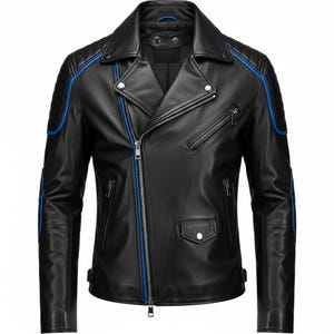 May include: Black leather jacket with a classic asymmetrical zip closure, featuring blue accent stripes along the shoulders, sleeves, and collar. The jacket has multiple zippered pockets and a snap-down lapel, offering a stylish and edgy look.