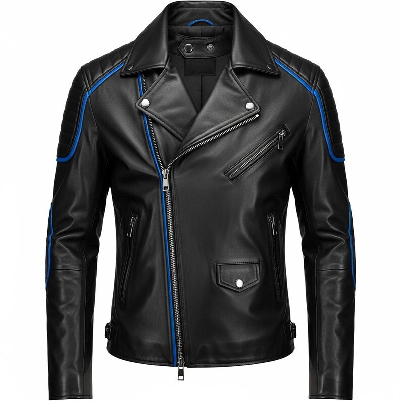 May include: Black leather jacket with a classic asymmetrical zip closure, featuring blue accent stripes along the shoulders, sleeves, and collar. The jacket has multiple zippered pockets and a snap-down lapel, offering a stylish and edgy look.