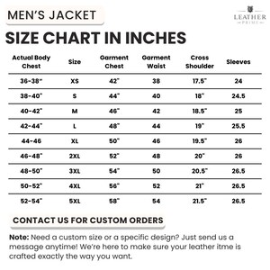 May include: A size chart for men's jackets, displaying measurements in inches. The chart includes sizes from XS to 5XL, with corresponding chest, waist, shoulder, and sleeve measurements. Contact information for custom orders is also provided.