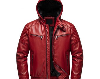 Red & Maroon Sheepskin Leather Biker Jacket: Handmade Hooded Cosplay
