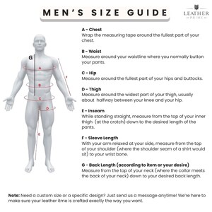May include: A size guide for men's clothing, featuring a diagram of a male figure with labeled measurement points: chest, waist, hip, thigh, inseam, sleeve length, and back length. The guide includes instructions for taking each measurement.