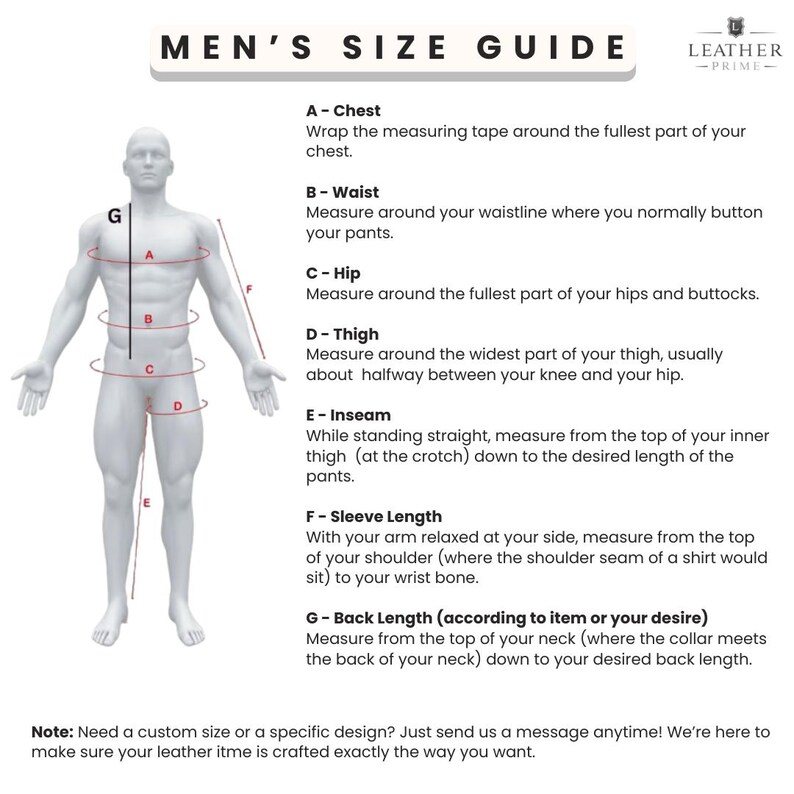 May include: A size guide for men's clothing, featuring a diagram of a male figure with labeled measurement points: chest, waist, hip, thigh, inseam, sleeve length, and back length. The guide includes instructions for taking each measurement.