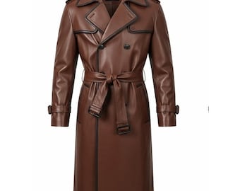 Handmade Brown Leather Trench Coat | Vintage Shearling Lined Overcoat | Custom Leather Outerwear | Gift for him