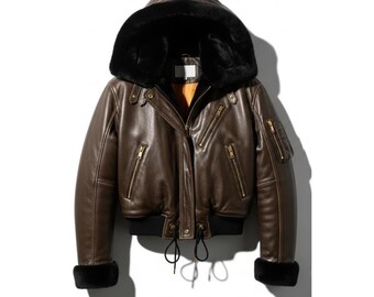 Luxury Black Womens Leather Jacket | Hooded Fur Trim Winter Coat | Designer Outerwear | Gift for   her