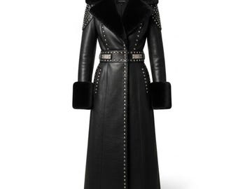 Custom Black Long Leather Fur Coat | Handmade Winter Overcoat | Christmas Leather Cosplay | Gift for him