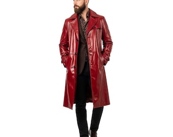 Handgjord röd trenchcoat i läder för män - Klassisk dubbelknäppt lång kappa | Elegant och anpassningsbar äkta läderjacka | Present till honom