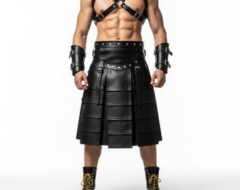 Latest Design 100% Genuine Leather Kilt Harness Handmade Stylish Leather Cosplay Costume Gladiator Kilt With Chest Harness | Gift for Him