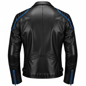 May include: Black leather jacket with blue accents on the shoulders, sleeves, and zippers. The jacket has a classic biker style with quilted shoulder detailing and a notched collar. The back view shows the jacket's tailored fit and design.