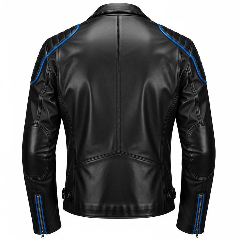 May include: Black leather jacket with blue accents on the shoulders, sleeves, and zippers. The jacket has a classic biker style with quilted shoulder detailing and a notched collar. The back view shows the jacket's tailored fit and design.