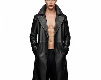 Trench da uomo in pelle nera, realizzato a mano - Giacca lunga personalizzata e su misura / Elegante cappotto in vera pelle / Regalo per lui