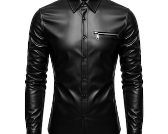 May include: Black button-down shirt made of a leather-like material. The long-sleeved shirt has a collared neckline, a small zippered pocket on the chest, and buttoned cuffs. The shirt is a solid black color.