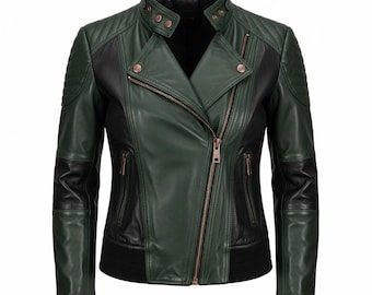 Green Sheepskin Leather Biker Jacket: Handmade Women's Motorcycle Jacket