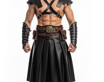 Genuine Leather Gladiator Armor - Medieval Cosplay Costume - Handmade Leather Kilt with Chest Armor Harness | Gift for Him