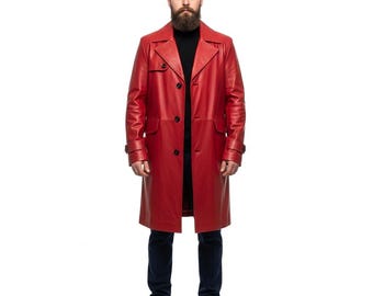 Handgjord röd trenchcoat i läder för män - Klassisk dubbelknäppt lång kappa | Elegant och anpassningsbar äkta läderjacka | Present till honom