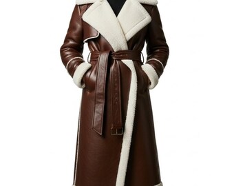 Handmade Shearling Cowhide Leather Trench Coat | Belted Winter Duster | Custom Leather Outerwear | Gift for him