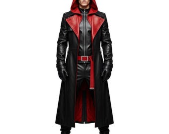 Genuine Leather Black Hooded Trench Coat – Gothic Cyberpunk Duster Jacket, Steampunk Cosplay, Handmade Real Leather Coat | Gift for Him