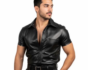Peut inclure: Chemise noire en cuir à manches courtes, avec un col et une poche poitrine unique. La chemise a une fermeture boutonnée sur le devant et est assortie d'une ceinture noire. La chemise est faite d'un matériau lisse et brillant.