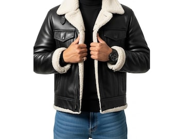 Mens Black Shearling Jacket | Leather Winter Aviator Coat | Warm Fur Lined Pilot Jacket | Classic Sheepskin Biker Outerwear | Gift for him