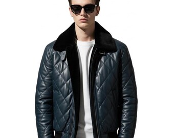 Mens Blue Leather Quilted Biker Jacket | Designer Motorcycle Rider Coat | Fur Lined Outerwear | Gift for him