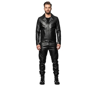 Handcrafted Black Leather Jacket & Pants Set | Tailored Fit Police Uniform Design | Custom Size Available | Perfect Gift | Gift for Him