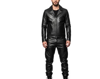Handcrafted Black Leather Jacket & Pants Set | Tailored Fit Police Uniform Design | Custom Size Available | Perfect Gift | Gift for Him
