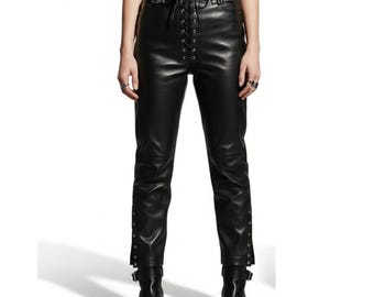 Handmade Men Black Leather Pants | Custom Lace Up Trousers | Personalized Streetwear | Tailored Festival Outfit | Gift for him