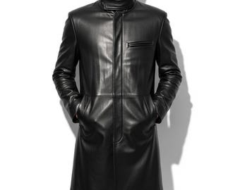Handmade Black Cowhide Leather Trench Coat | Gothic Streetwear Overcoat | Custom Leather Outerwear | Gift for him