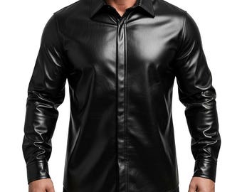 May include: A black, long-sleeved shirt with a button-down front and a classic collar. The shirt is made of a shiny, leather-like material. The sleeves are long and buttoned at the cuffs.