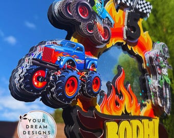 Monster Truck Jam Themed 3D Cake Topper LED Light | Personalised Cake Topper, Birthday Cake Topper, party favour box