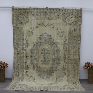 Vintage Oushak Turkish Rug: Neutral Anatolian Rug, Low Pile 6.6x9.1 ft