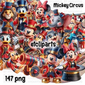 Puede incluir: Una vibrante ilustración digital con Mickey Mouse y sus amigos con atuendos de circo. La imagen incluye personajes como Minnie Mouse, Donald Duck y Goofy, con el texto "Mickey Circus" y "etcliparts". La imagen también incluye el texto "147 png".