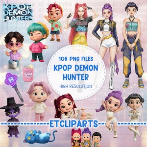 Op de afbeelding: Digitale illustratie met K-Pop-thema personages en elementen. De afbeelding bevat een centrale cirkelvormige afbeelding met de tekst "KPOP DEMON HUNTER" en "106 PNG FILES". Extra elementen zijn een frisdrankblikje, een toverstaf en de tekst "ETCLIPS".