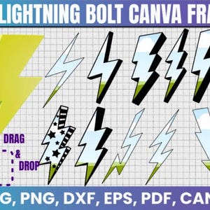Puede incluir: Una colección de diseños de rayos en varios estilos y colores, incluyendo amarillo, negro, blanco y verde. La imagen incluye el texto "LIGHTNING BOLT CANVA FRAMES" y opciones de tipo de archivo: SVG, PNG, DXF, EPS, PDF y CANVA.